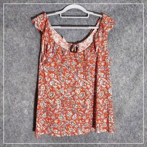 Old Navy Top L Linen Cottage Garden Floral Cutout Ruffle Sleeve Lightweight
